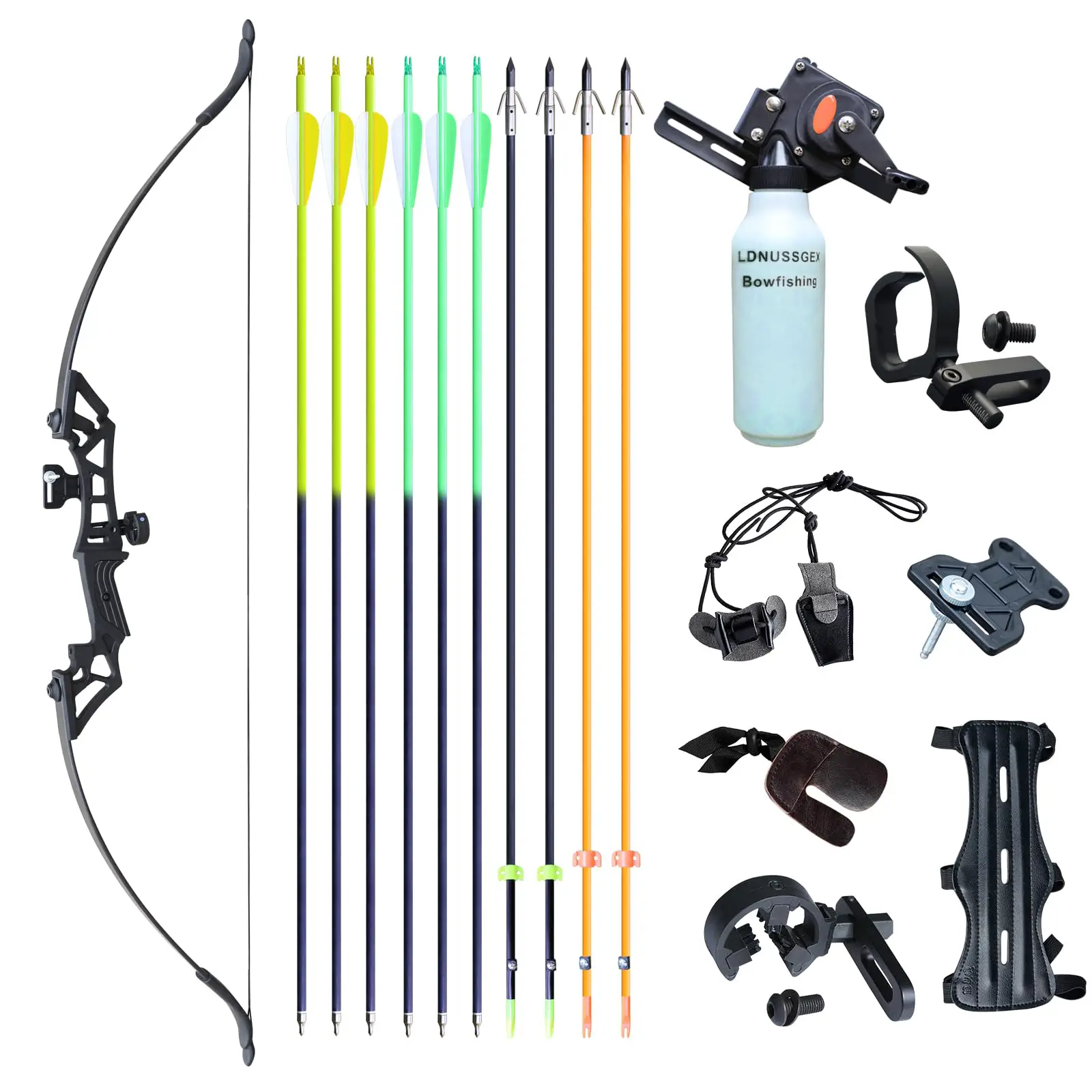 LDNUSSGEX 40lbs Bow Fishing Combo Kit Archery Recurve Bow Set, Bowfishing Bow and Arrow Adult Beginner, Bottle Fishing Reel Bowfishing Arrows for Fishing, Carbon Arrows for Hunting Target Practice